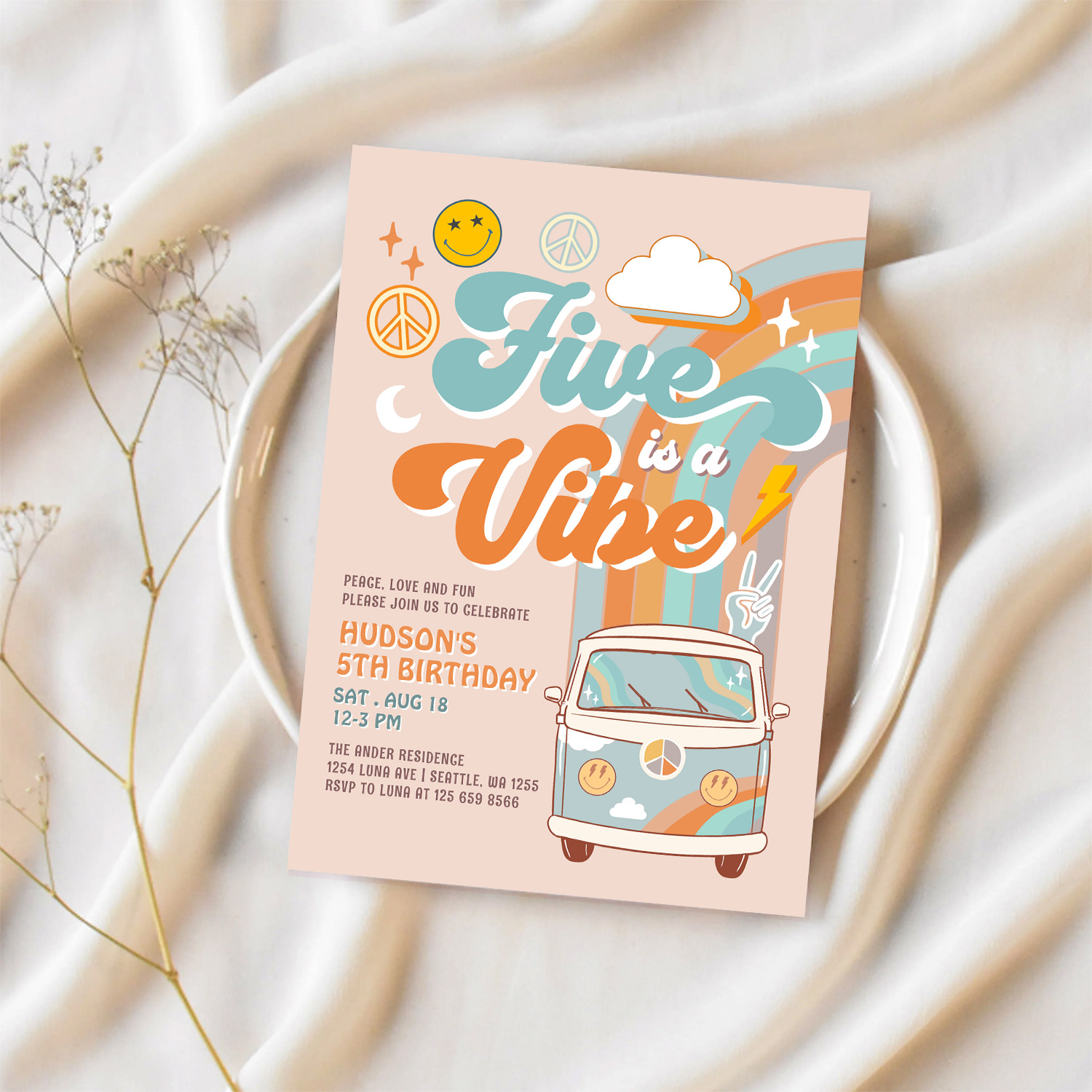 Five Is A Vibe Fall Boy Groovy 5th Birthday Invitation - Image 2