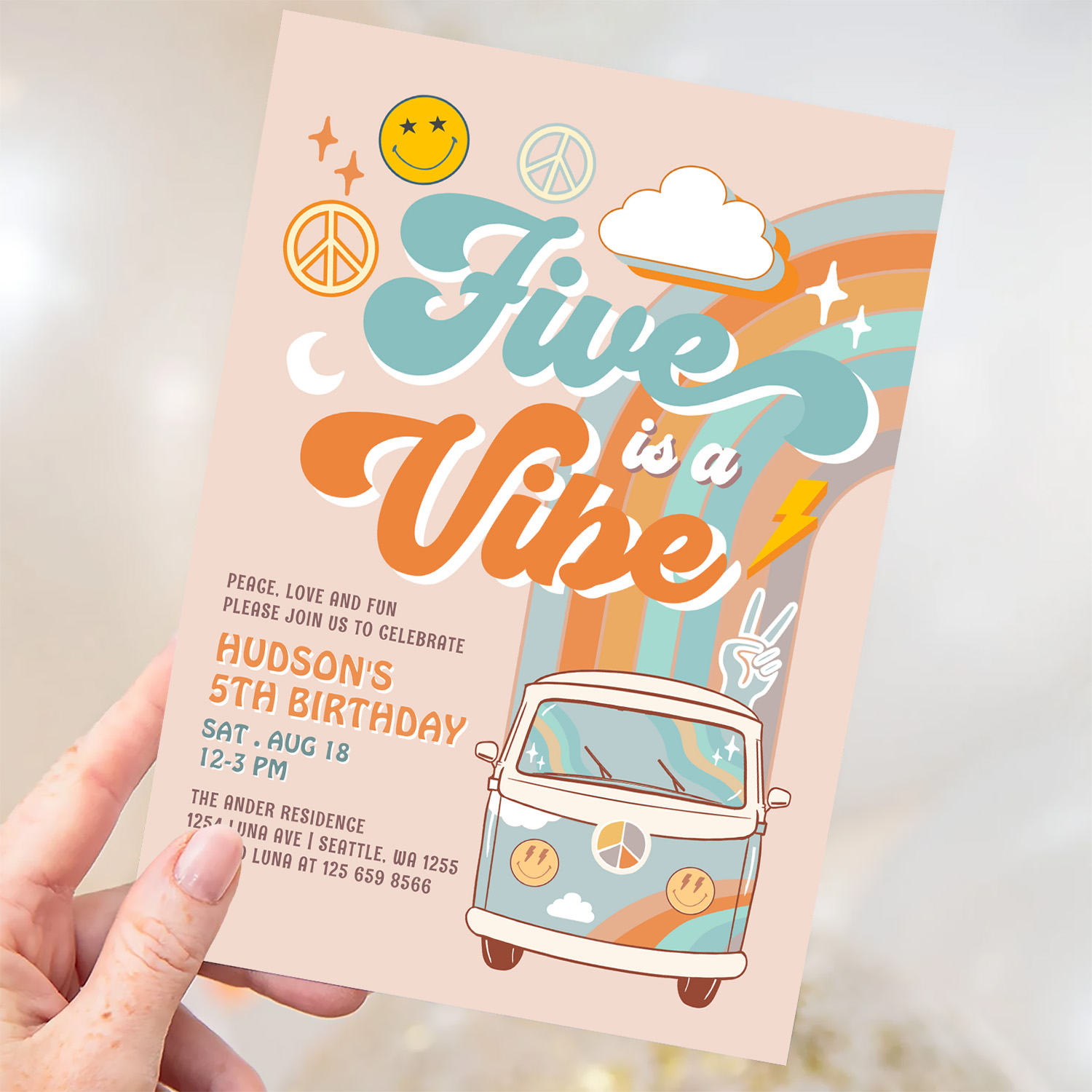 Five Is A Vibe Fall Boy Groovy 5th Birthday Invitation - Image 3