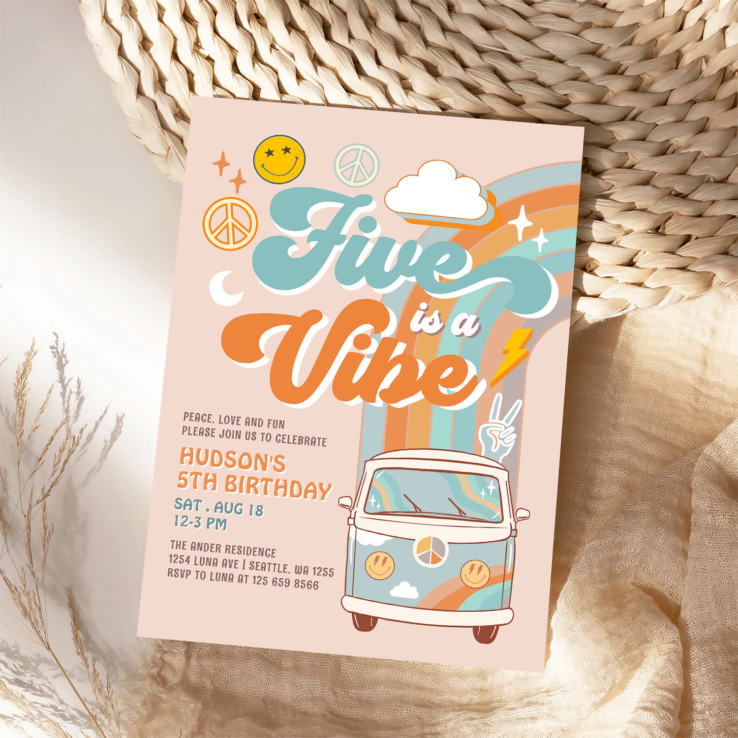 Five Is A Vibe Fall Boy Groovy 5th Birthday Invitation - Image 4