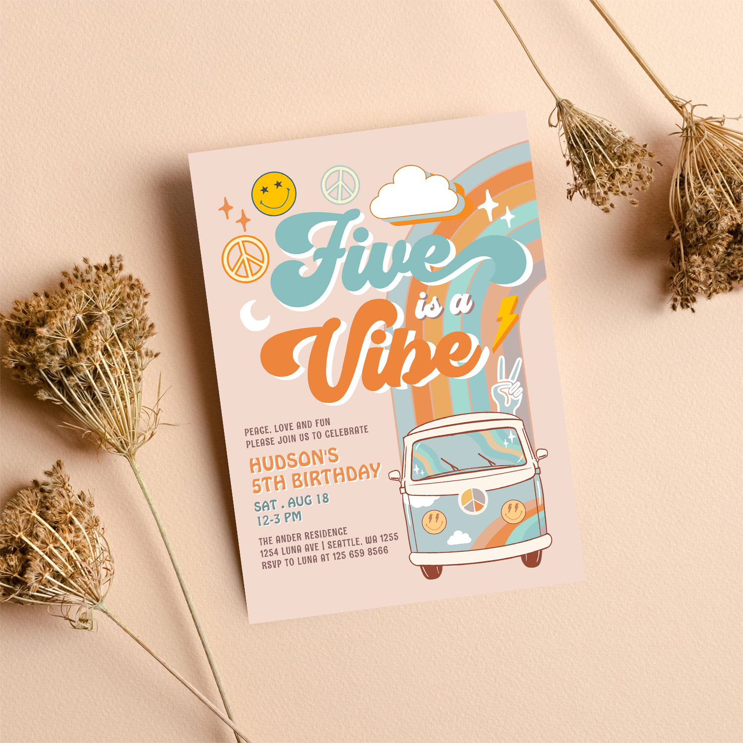 Five Is A Vibe Fall Boy Groovy 5th Birthday Invitation - Image 8