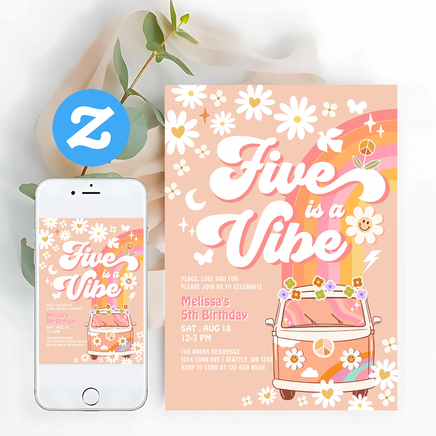 Five Is A Vibe Girl Pink Peach Groovy 5th Birthday Invitation