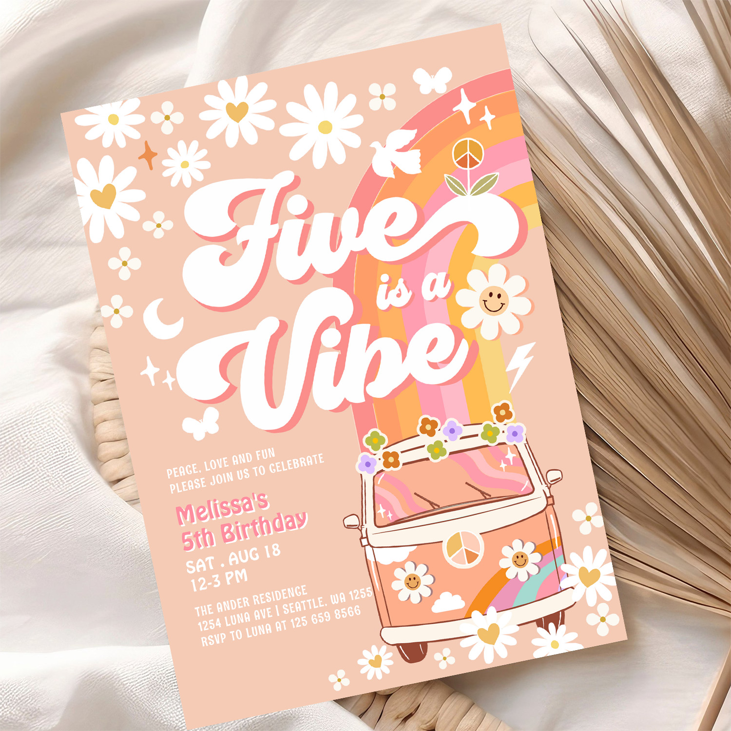 Five Is A Vibe Girl Pink Peach Groovy 5th Birthday Invitation - Image 10