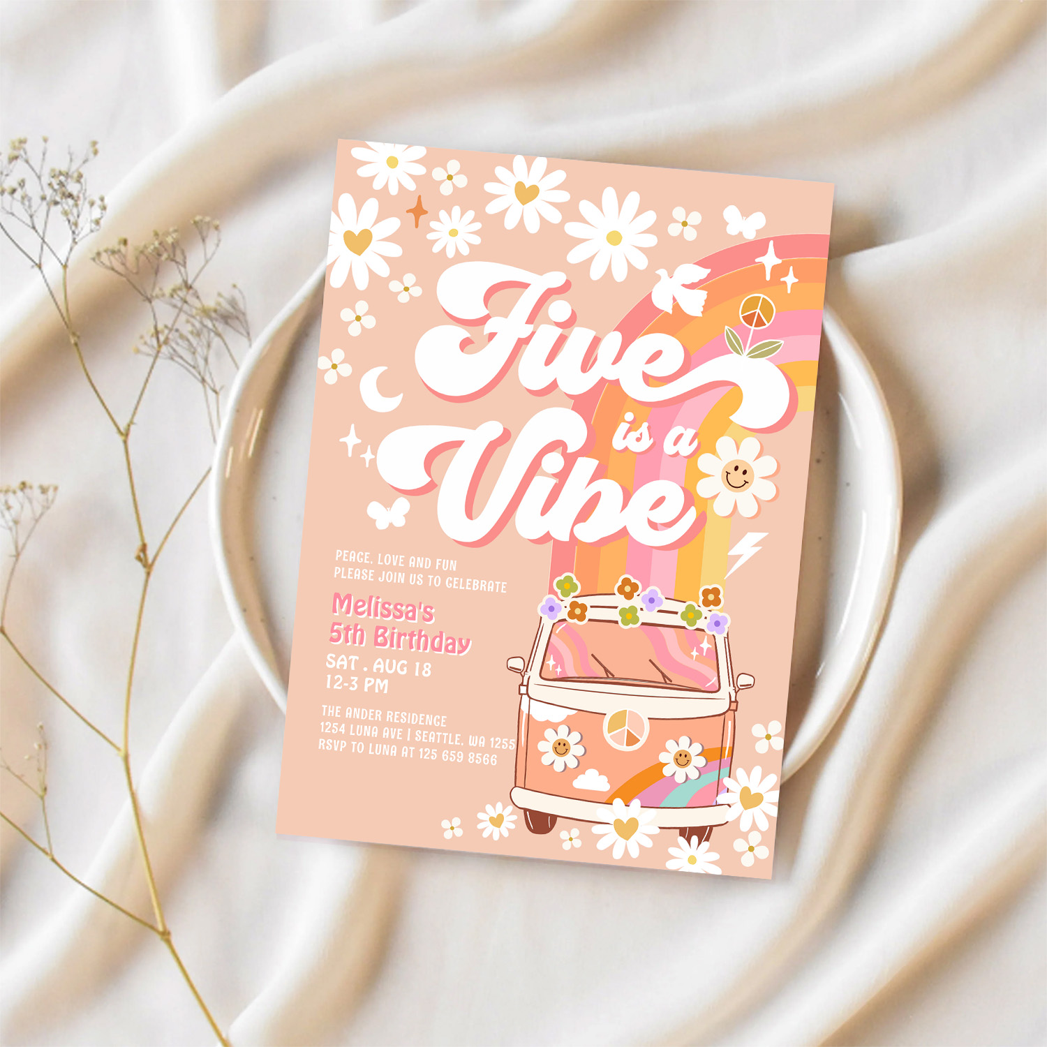 Five Is A Vibe Girl Pink Peach Groovy 5th Birthday Invitation - Image 2