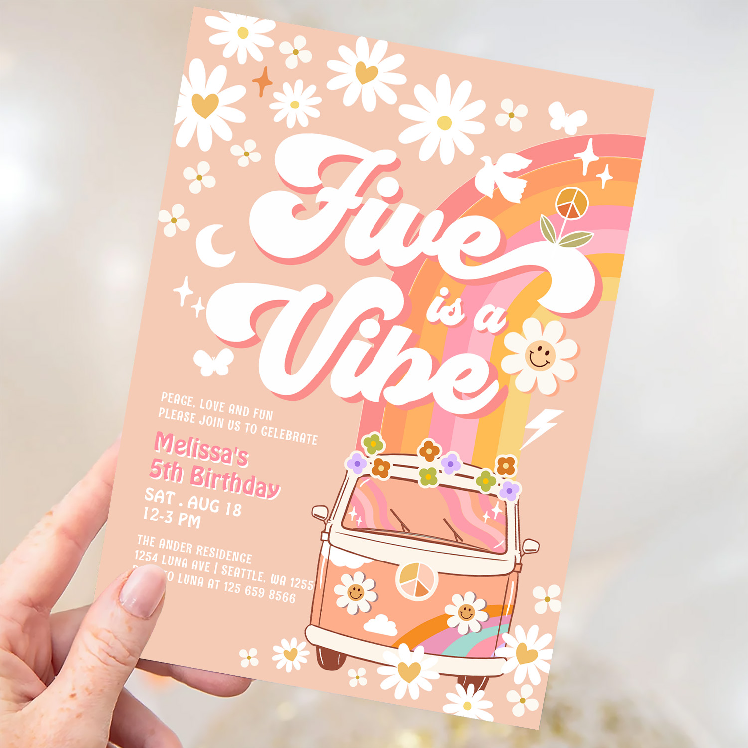 Five Is A Vibe Girl Pink Peach Groovy 5th Birthday Invitation - Image 3
