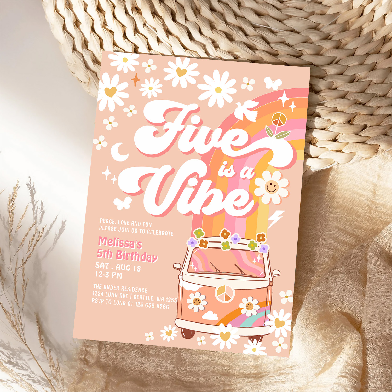Five Is A Vibe Girl Pink Peach Groovy 5th Birthday Invitation - Image 4