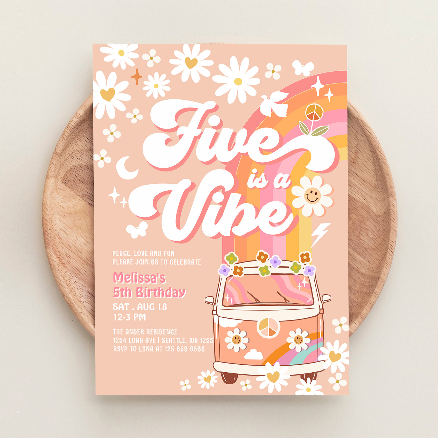 Five Is A Vibe Girl Pink Peach Groovy 5th Birthday Invitation - Image 7