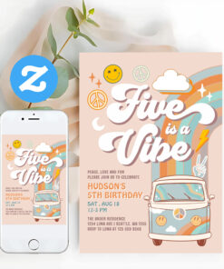Five Is A Vibe Hippie 70S Retro Boy 5th Birthday Invitation