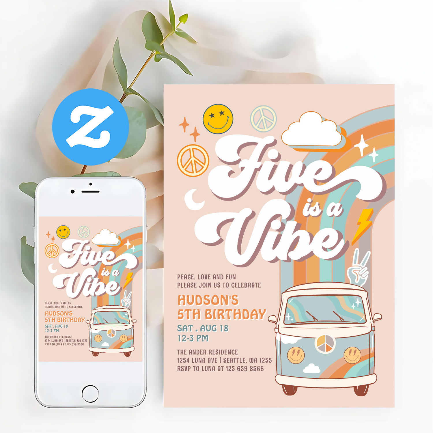 Five Is A Vibe Hippie 70S Retro Boy 5th Birthday Invitation