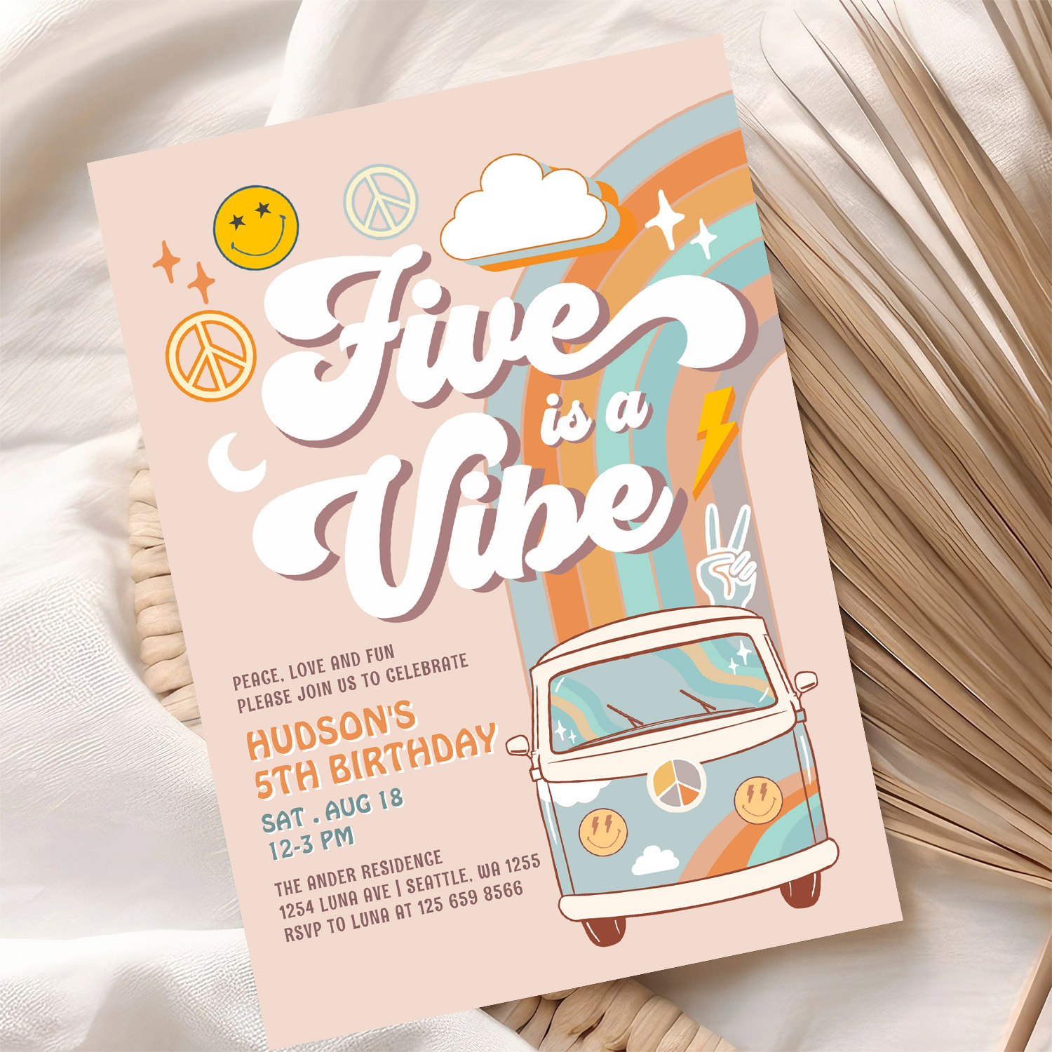 Five Is A Vibe Hippie 70S Retro Boy 5th Birthday Invitation - Image 10