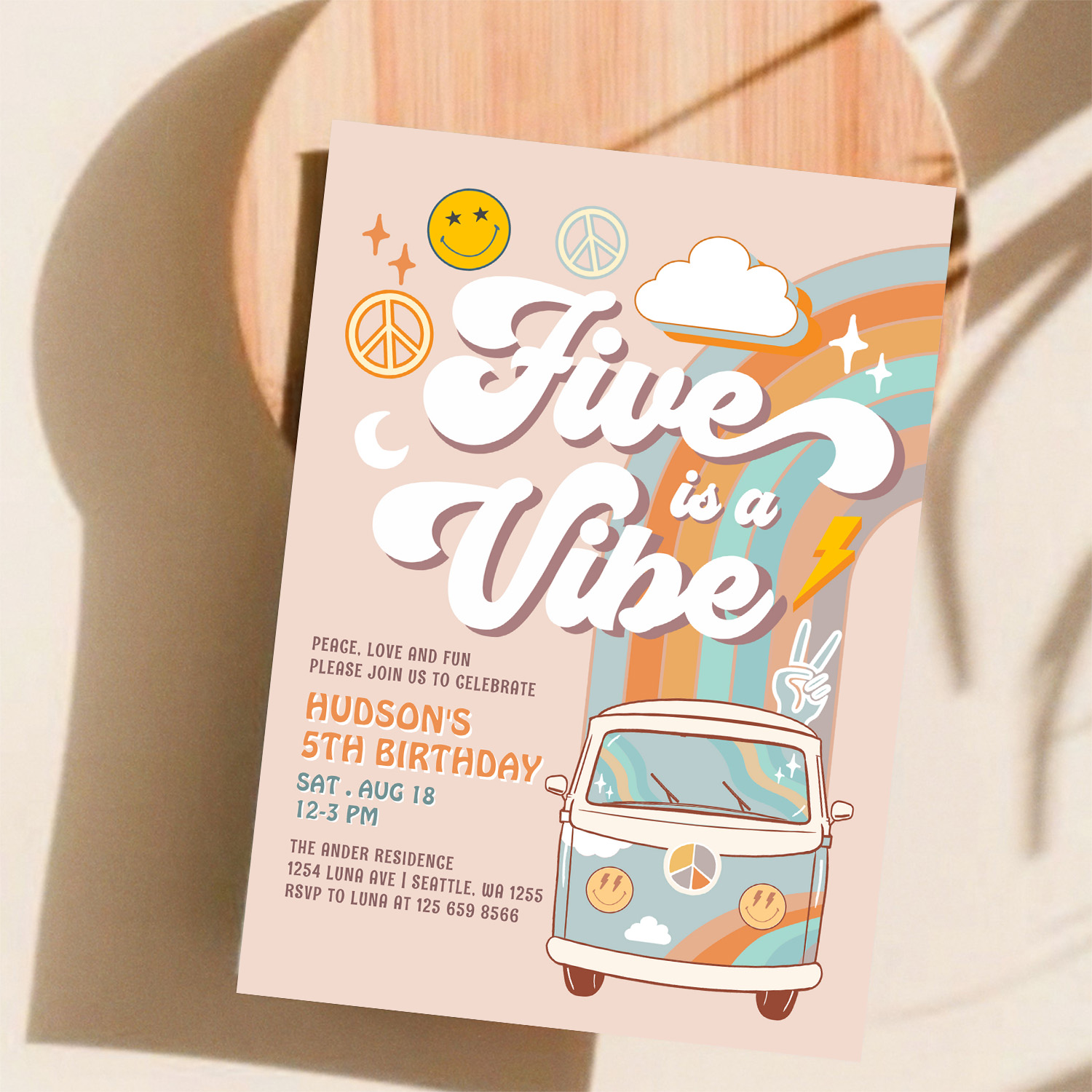 Five Is A Vibe Hippie 70S Retro Boy 5th Birthday Invitation - Image 11