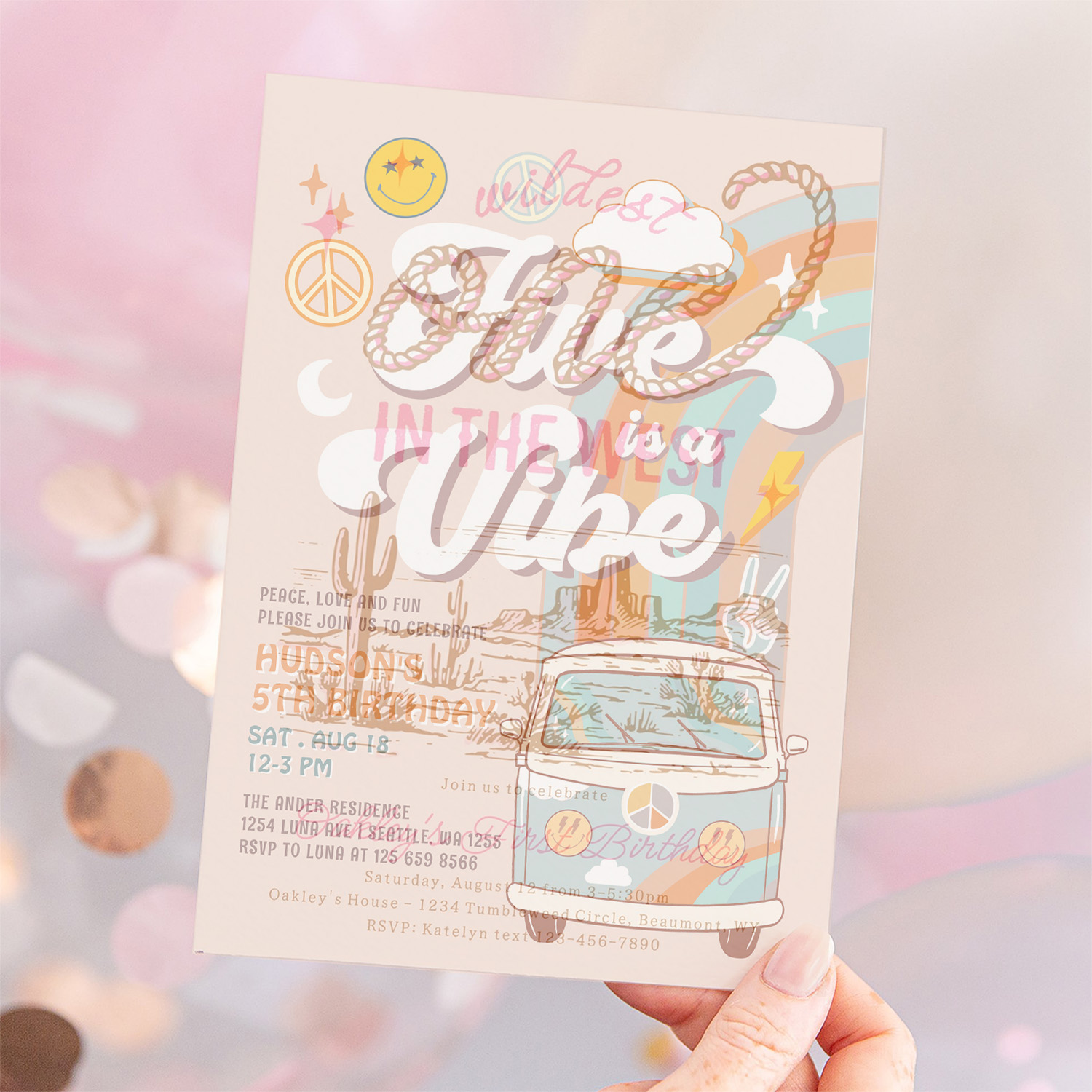 Five Is A Vibe Hippie 70S Retro Boy 5th Birthday Invitation - Image 12