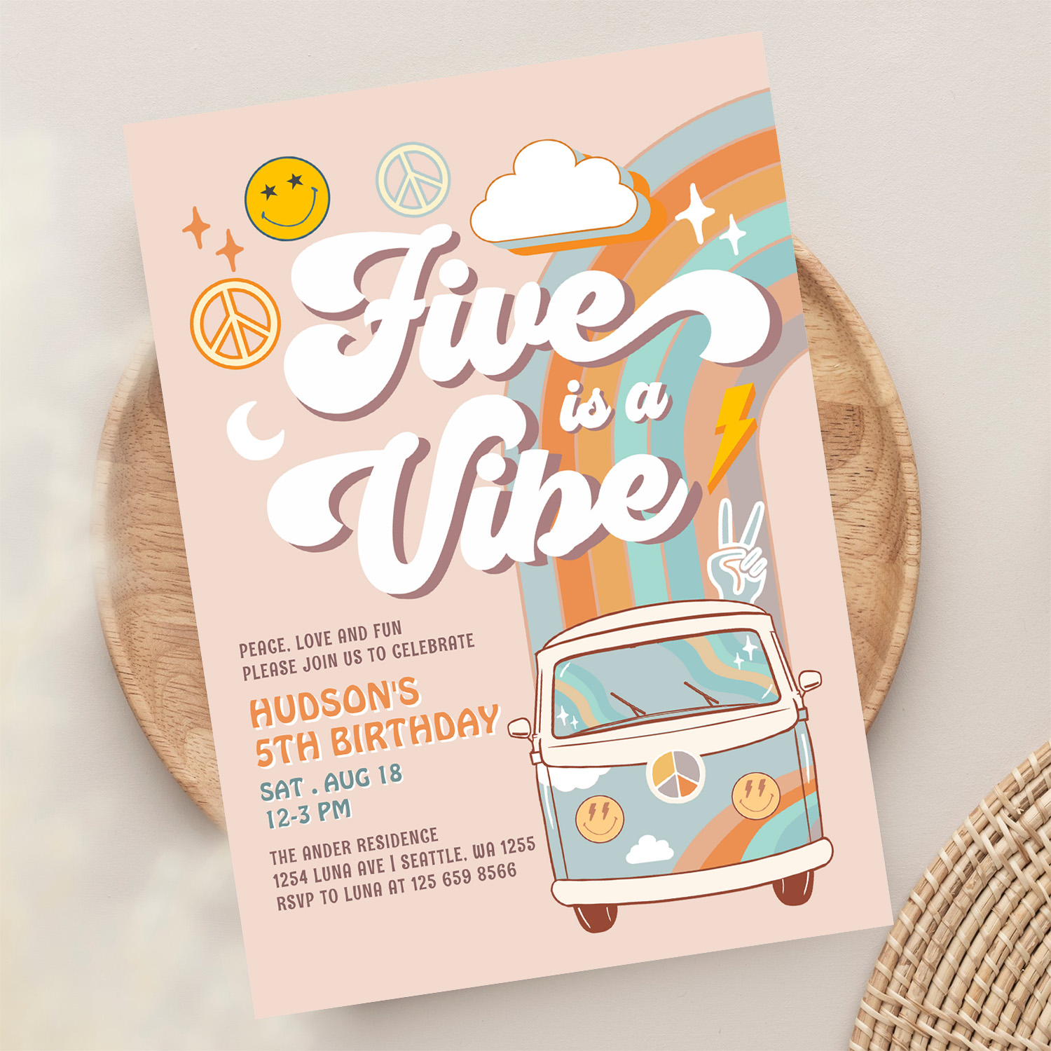 Five Is A Vibe Hippie 70S Retro Boy 5th Birthday Invitation - Image 13