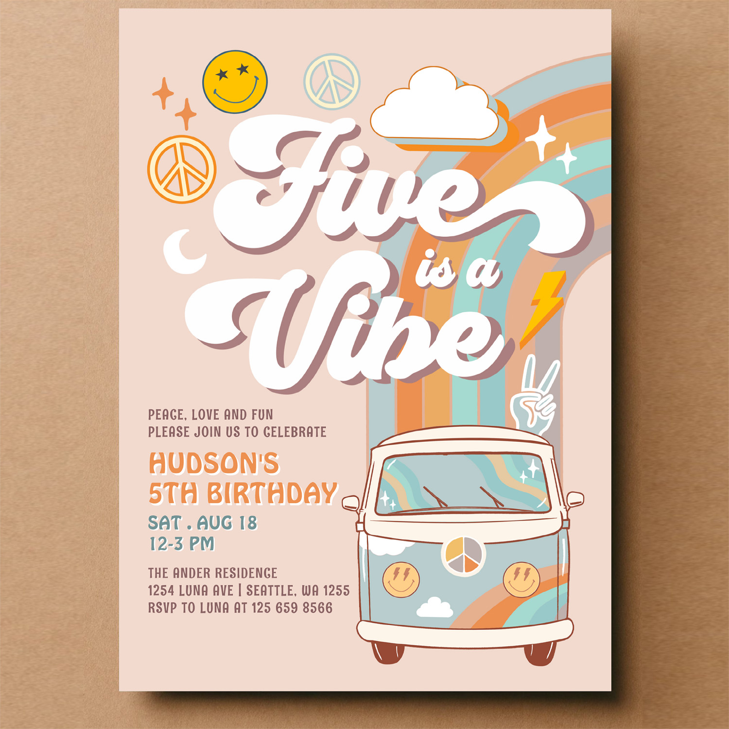 Five Is A Vibe Hippie 70S Retro Boy 5th Birthday Invitation - Image 14