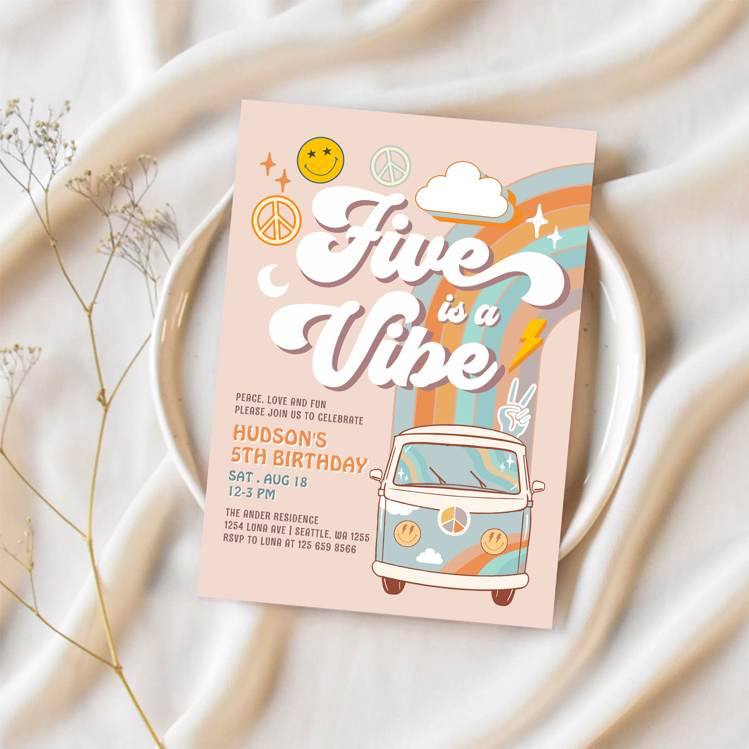 Five Is A Vibe Hippie 70S Retro Boy 5th Birthday Invitation - Image 2