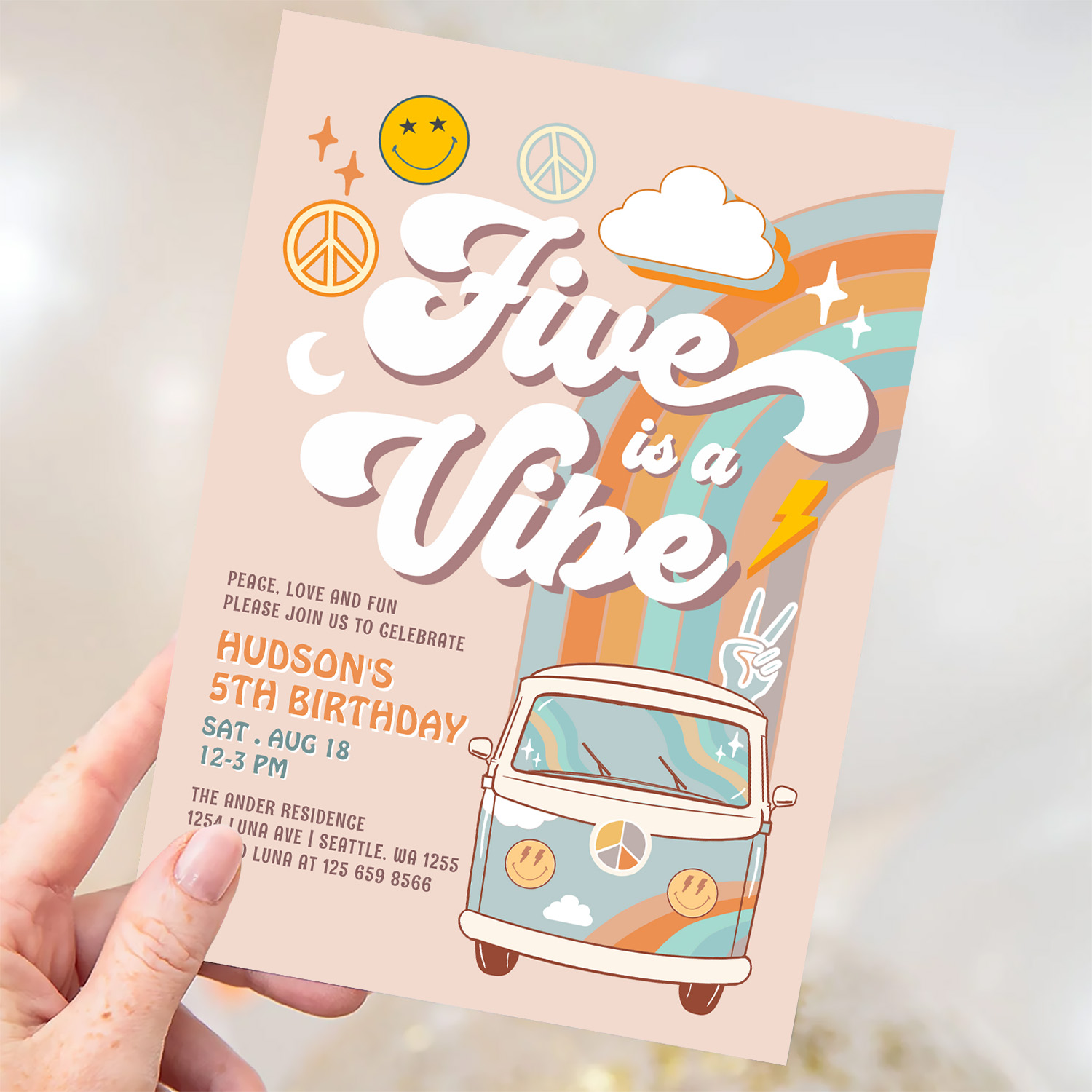 Five Is A Vibe Hippie 70S Retro Boy 5th Birthday Invitation - Image 3