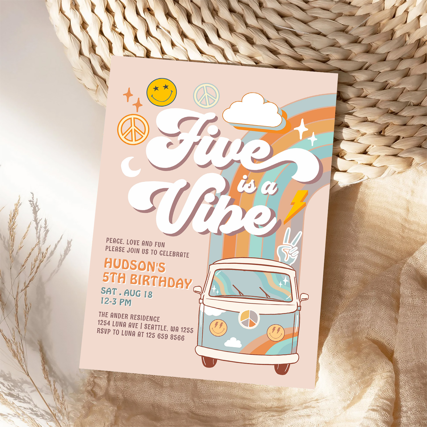 Five Is A Vibe Hippie 70S Retro Boy 5th Birthday Invitation - Image 4