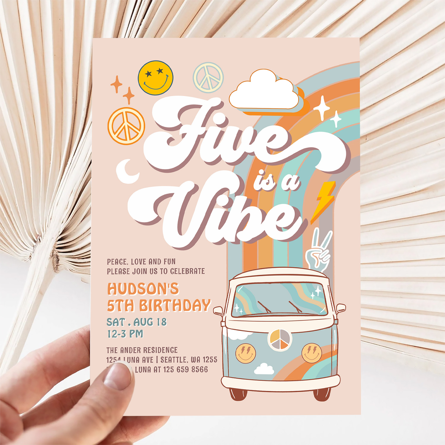 Five Is A Vibe Hippie 70S Retro Boy 5th Birthday Invitation - Image 5