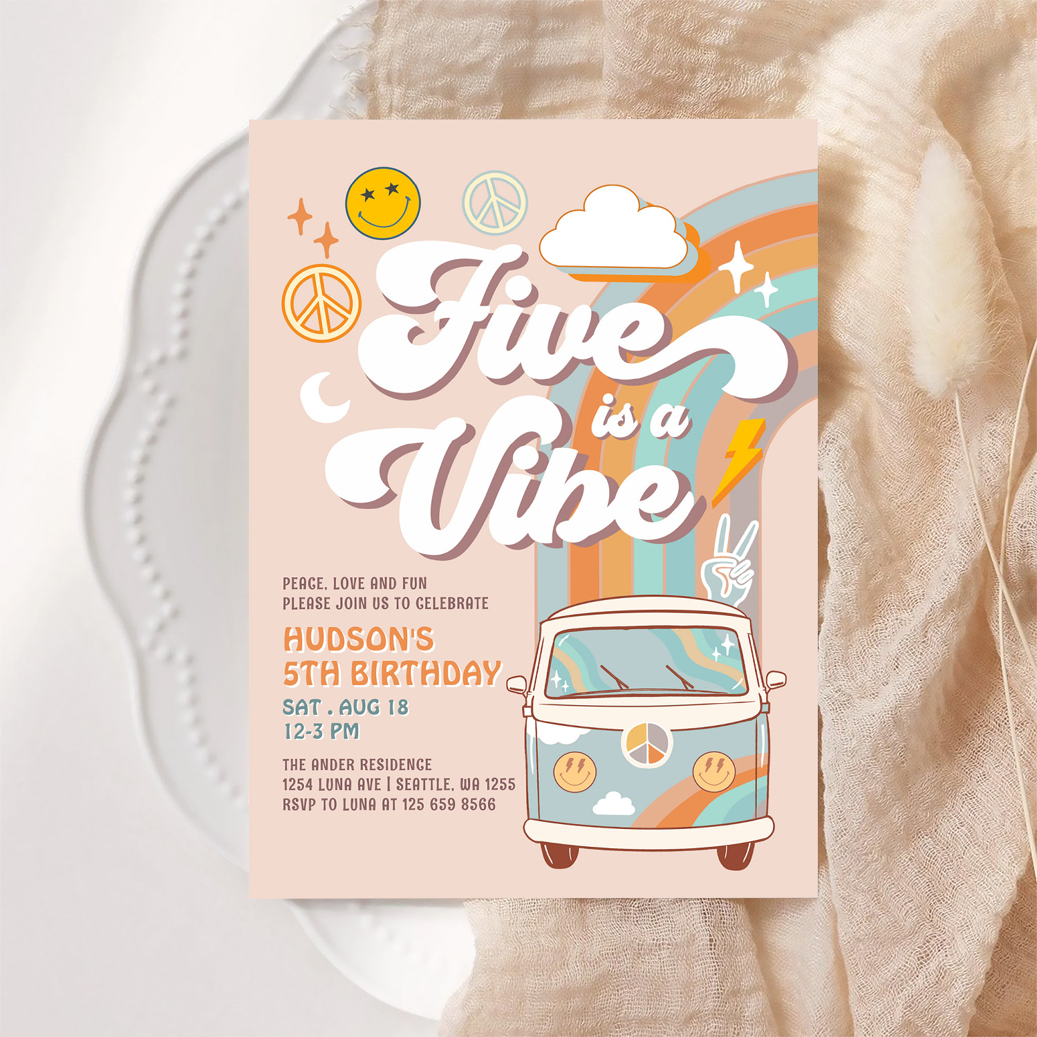 Five Is A Vibe Hippie 70S Retro Boy 5th Birthday Invitation - Image 6