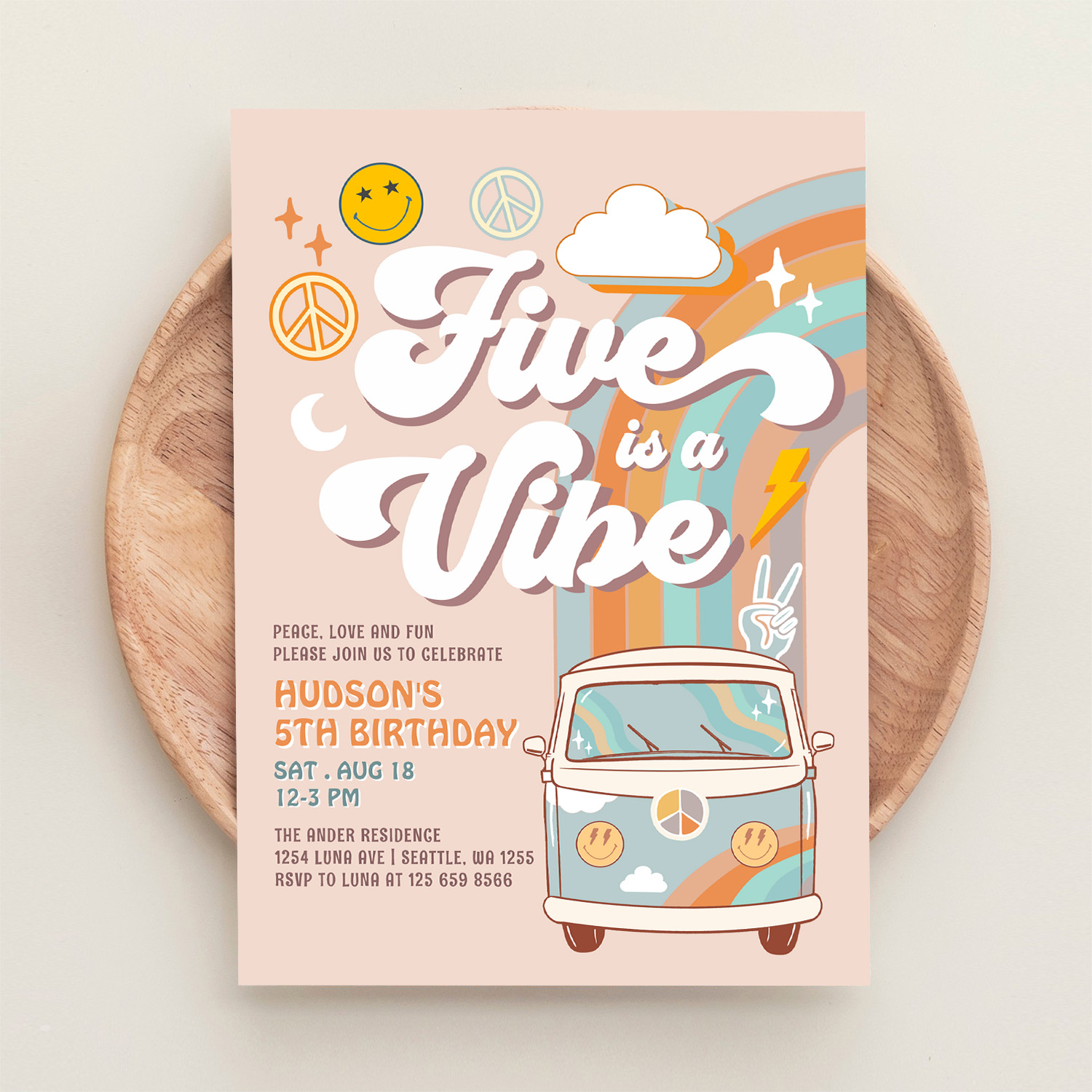 Five Is A Vibe Hippie 70S Retro Boy 5th Birthday Invitation - Image 7