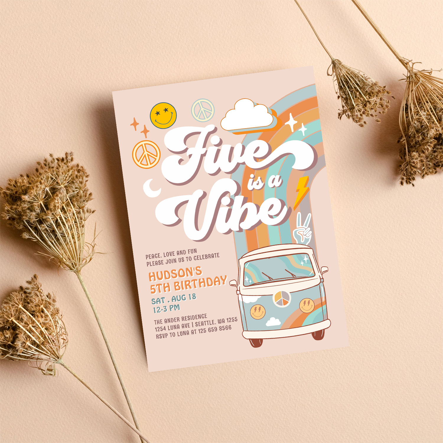 Five Is A Vibe Hippie 70S Retro Boy 5th Birthday Invitation - Image 8