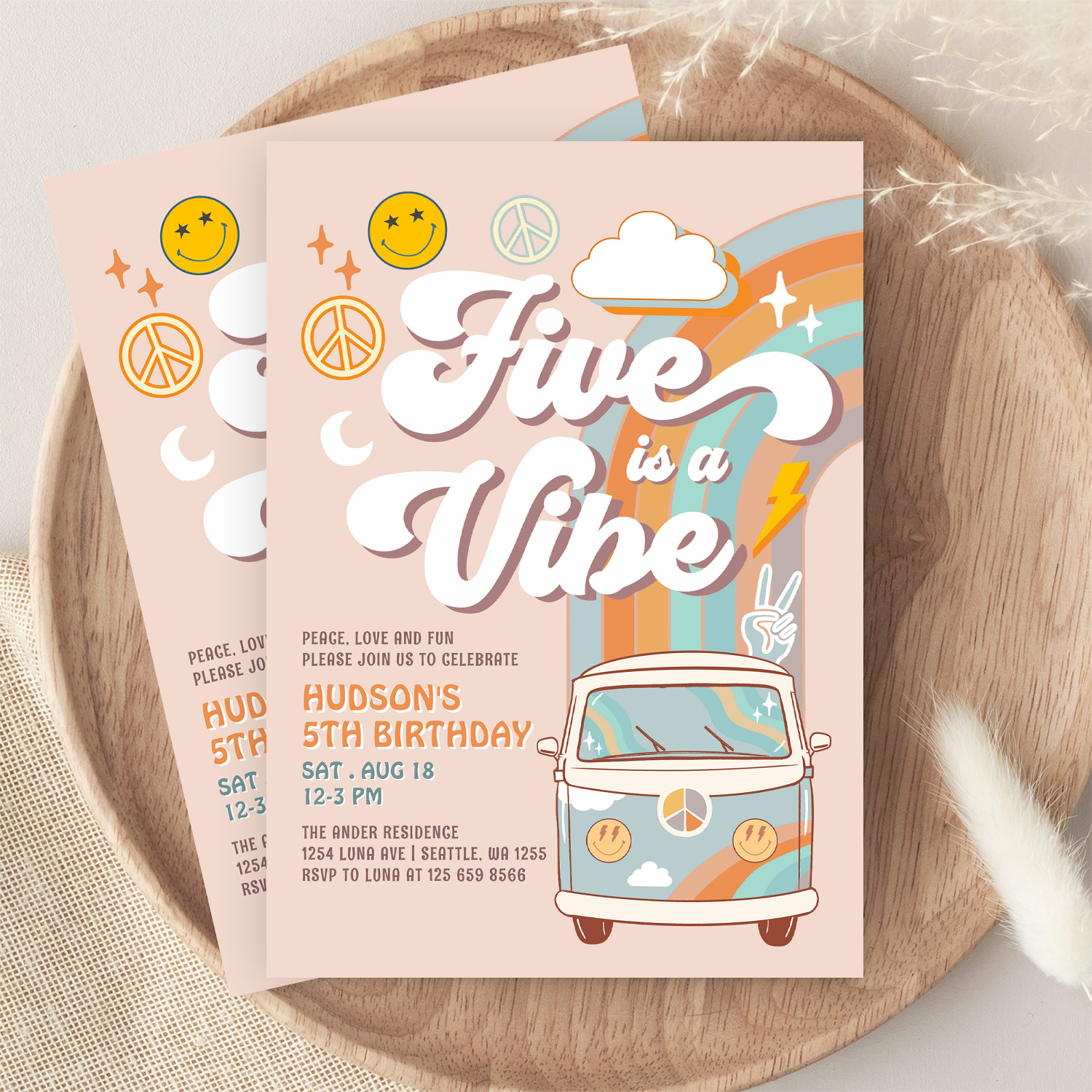 Five Is A Vibe Hippie 70S Retro Boy 5th Birthday Invitation - Image 9