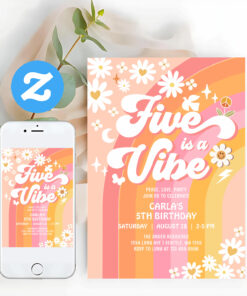 Five Is A Vibe Pink Peach 5th Groovy Birthday Invitation