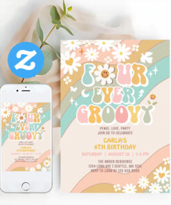 Four Ever Groovy Daisy Hippie 70S Retro Birthday Invitation