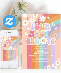 Four Ever Groovy Daisy Rainbow Groovy 4th Birthday Invitation