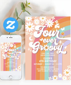 Four Ever Groovy Daisy Rainbow Groovy 4th Birthday Invitation