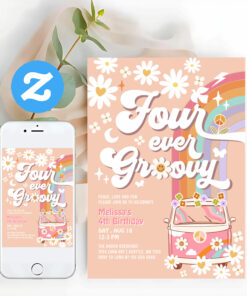 Four Ever Groovy Daisy Rainbow Hippie 4th Birthday Invitation