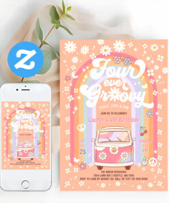 Four Ever Groovy Daisy Van 4th Birthday Invitation