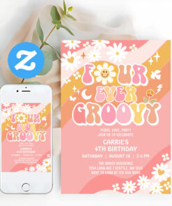 Four Ever Groovy Groovy Daisy Hippie 4th Birthday Invitation