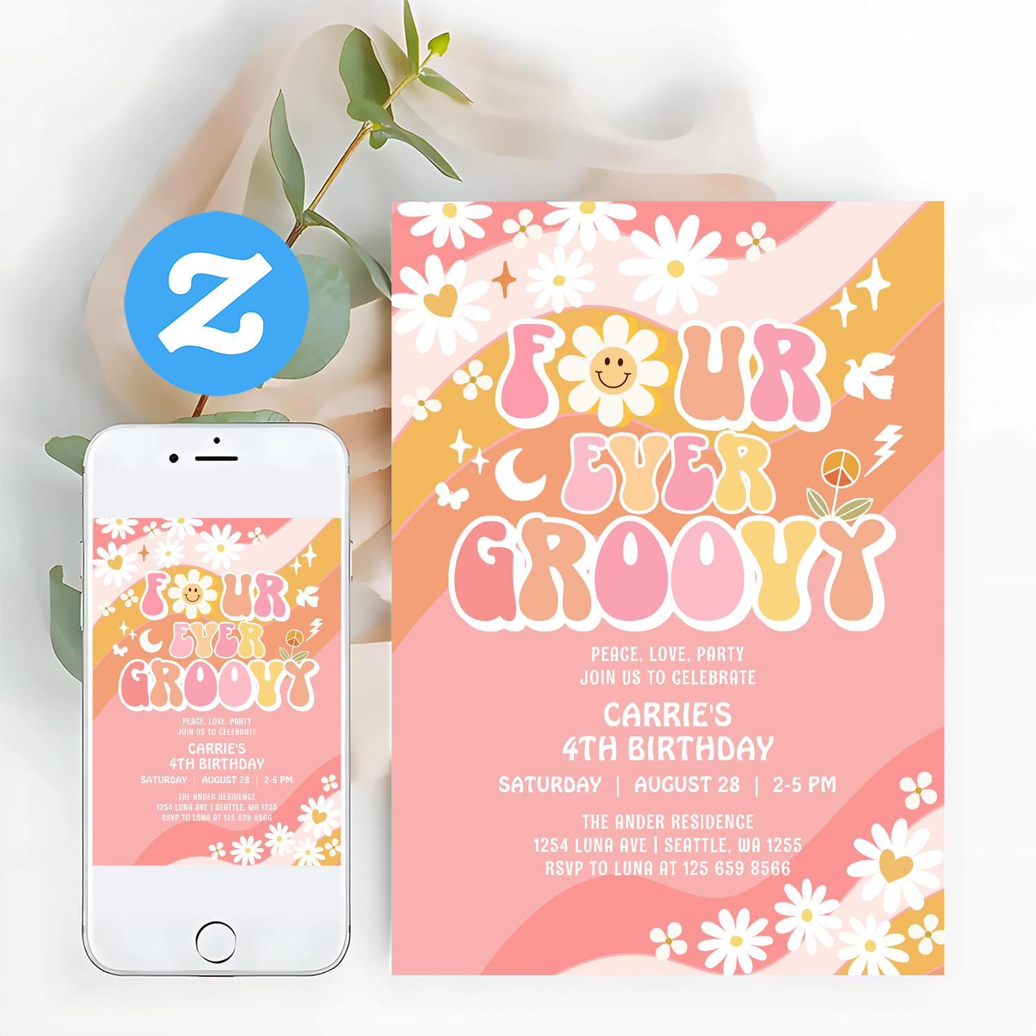 Four Ever Groovy Groovy Daisy Hippie 4th Birthday Invitation