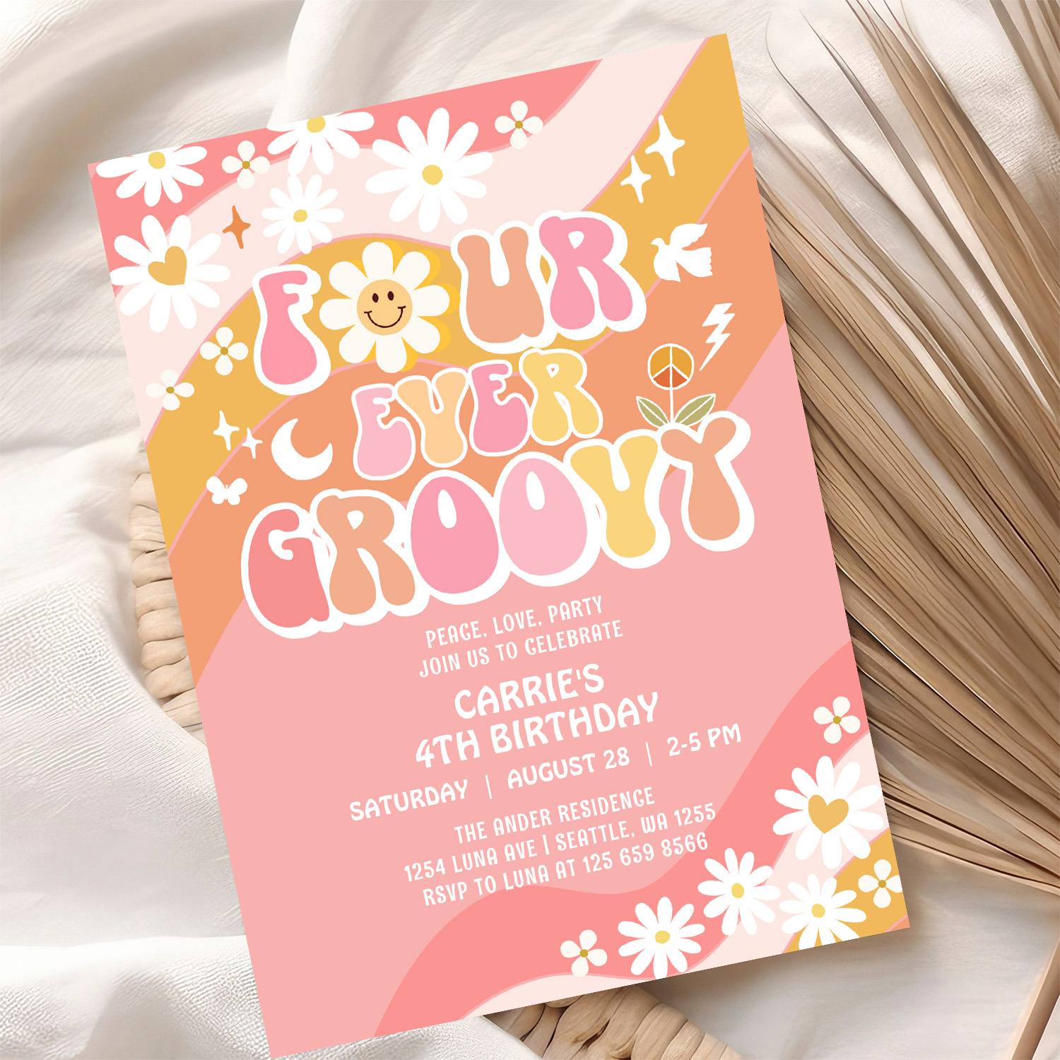 Four Ever Groovy Groovy Daisy Hippie 4th Birthday Invitation - Image 10