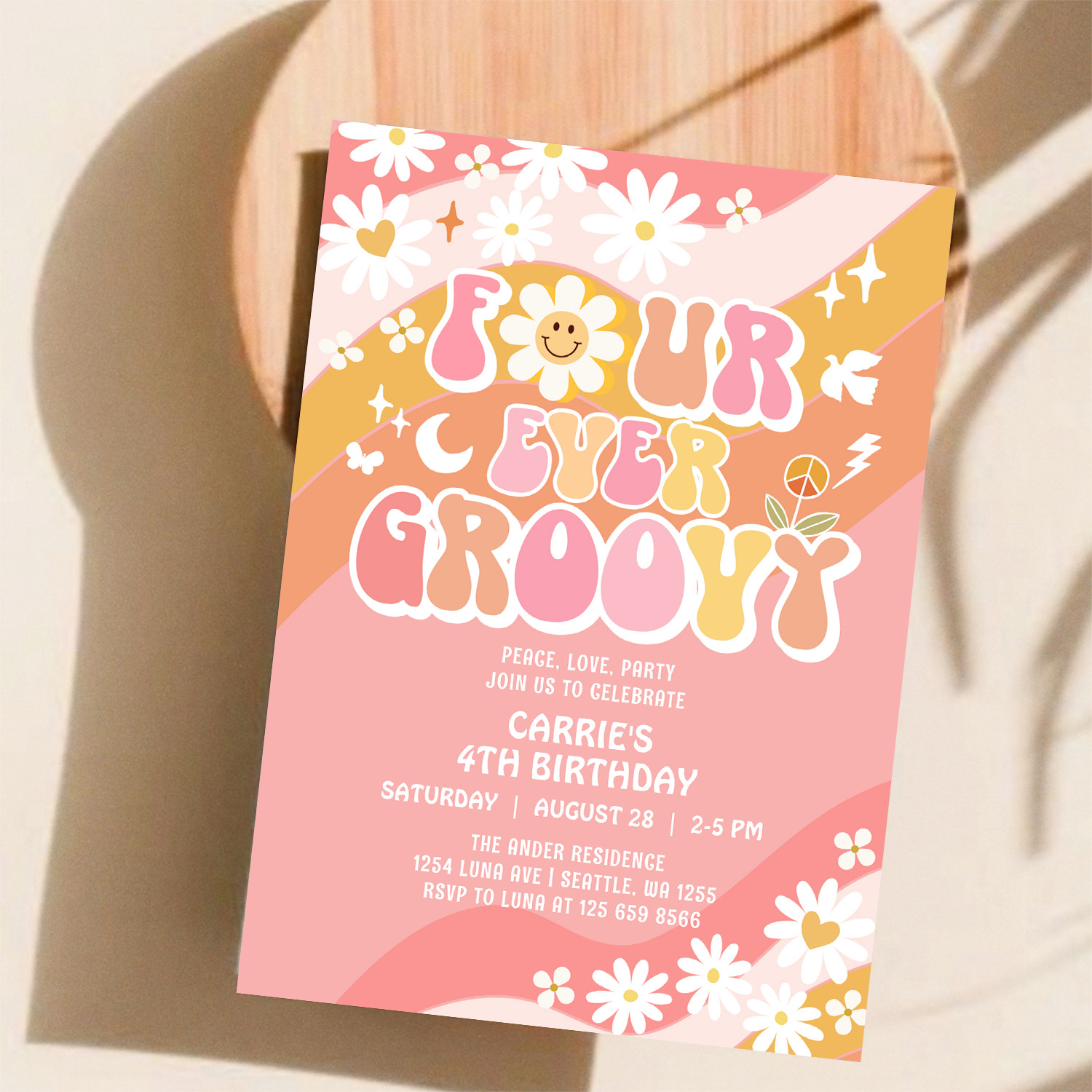 Four Ever Groovy Groovy Daisy Hippie 4th Birthday Invitation - Image 11