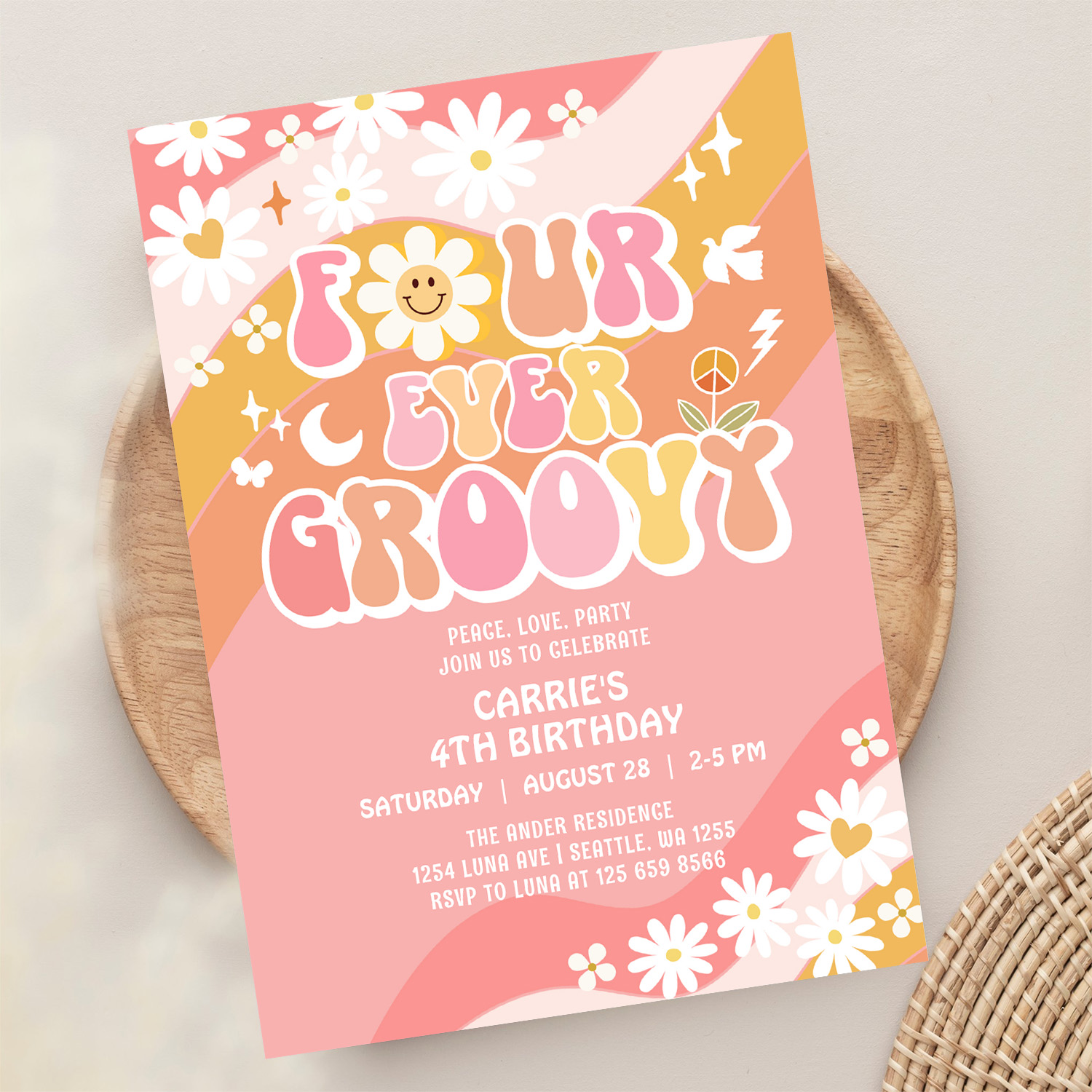 Four Ever Groovy Groovy Daisy Hippie 4th Birthday Invitation - Image 13