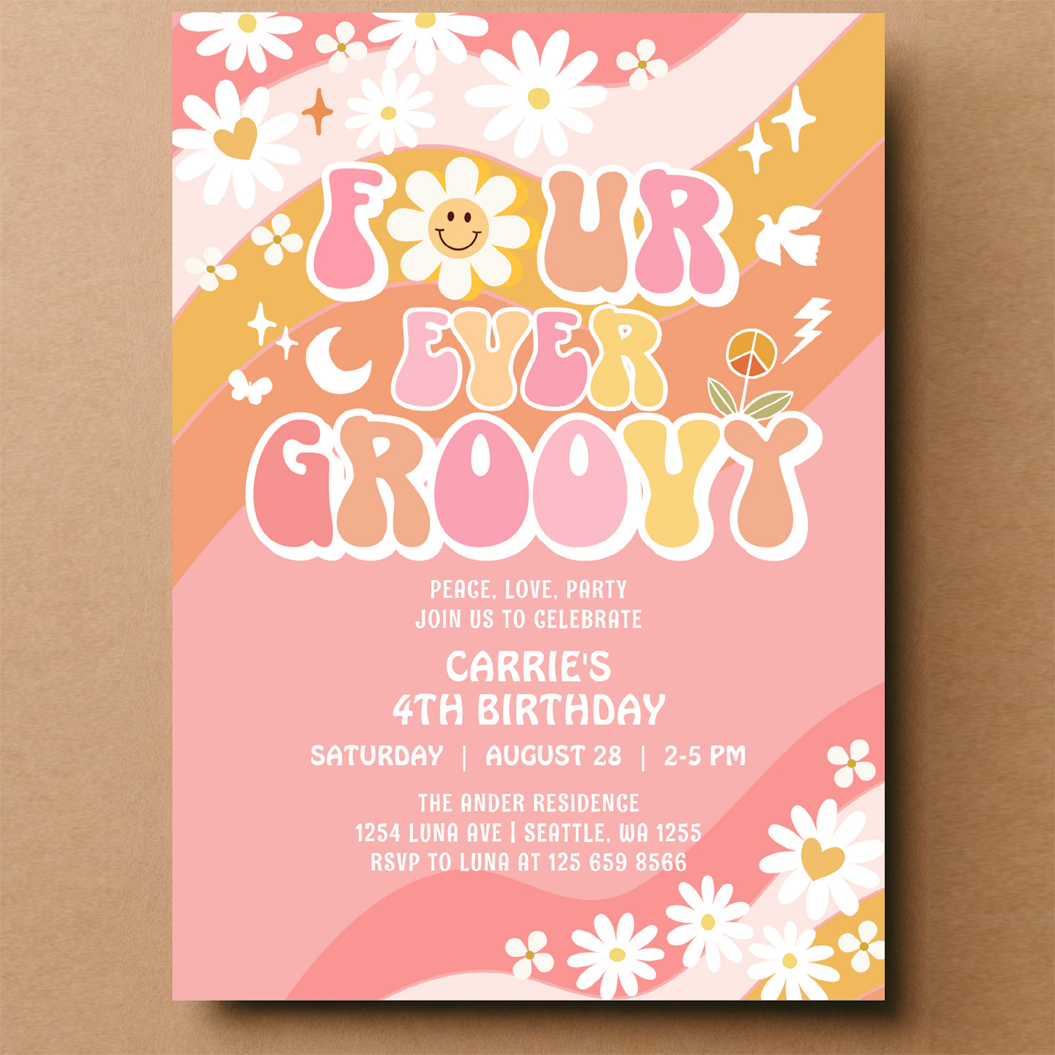 Four Ever Groovy Groovy Daisy Hippie 4th Birthday Invitation - Image 14