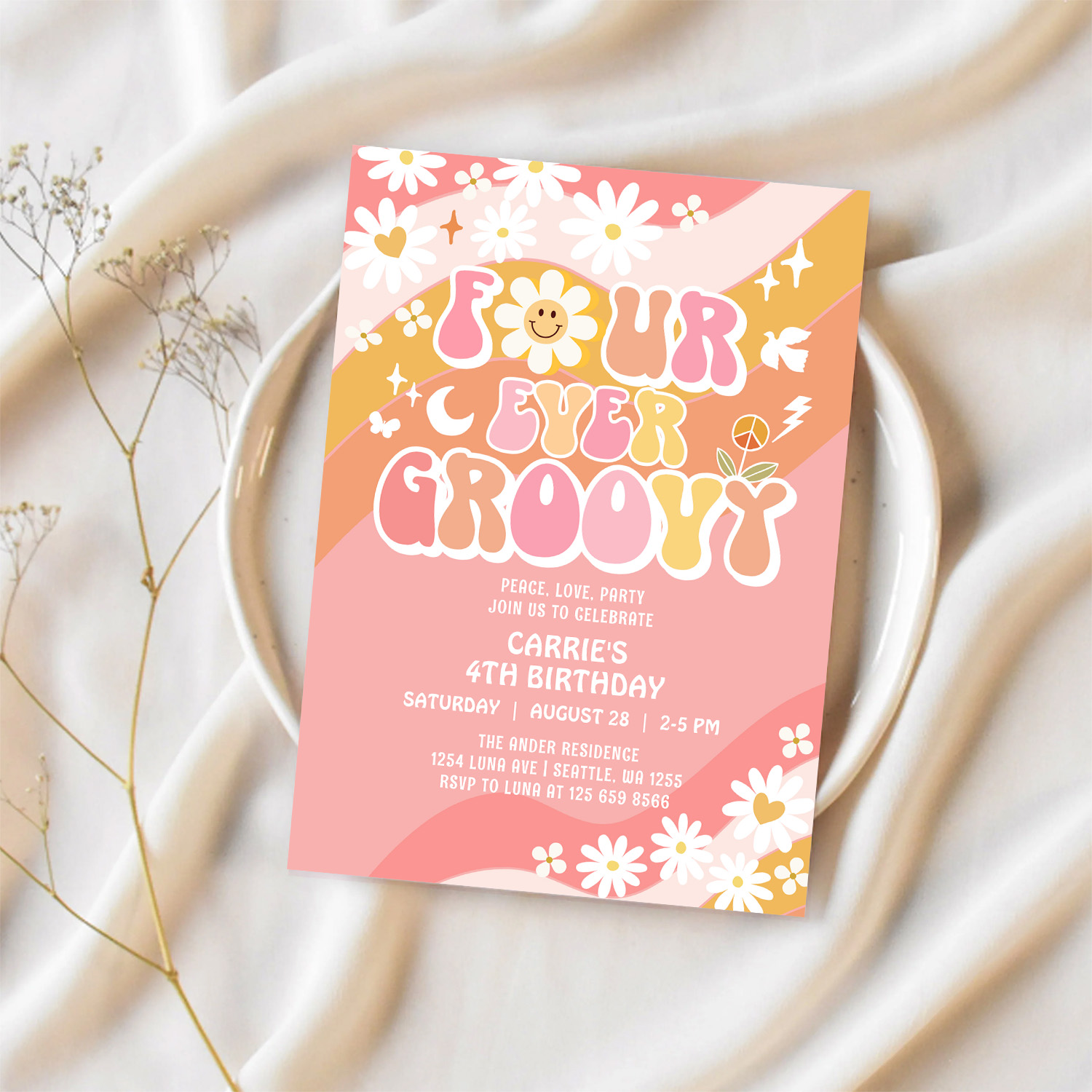 Four Ever Groovy Groovy Daisy Hippie 4th Birthday Invitation - Image 2