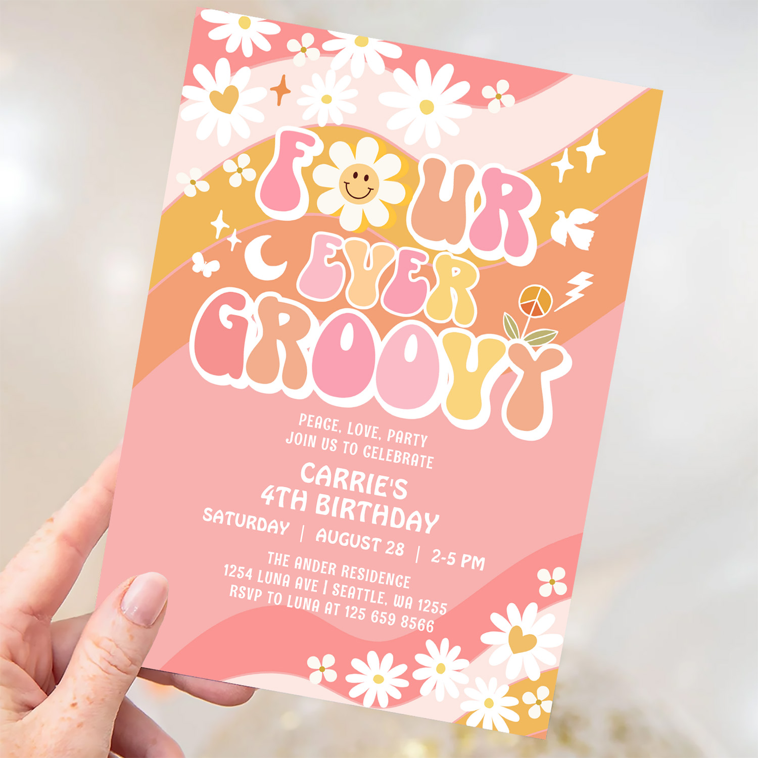 Four Ever Groovy Groovy Daisy Hippie 4th Birthday Invitation - Image 3