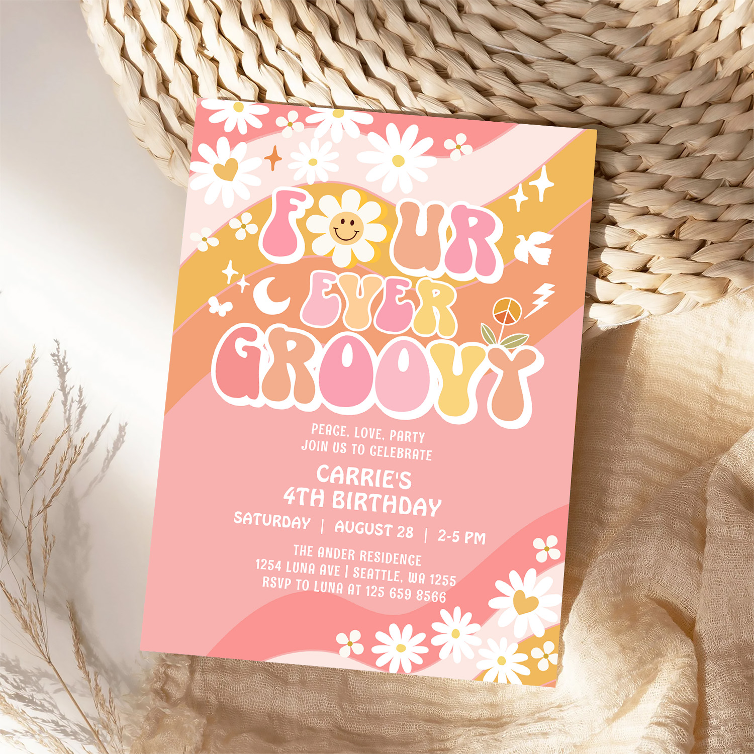 Four Ever Groovy Groovy Daisy Hippie 4th Birthday Invitation - Image 4