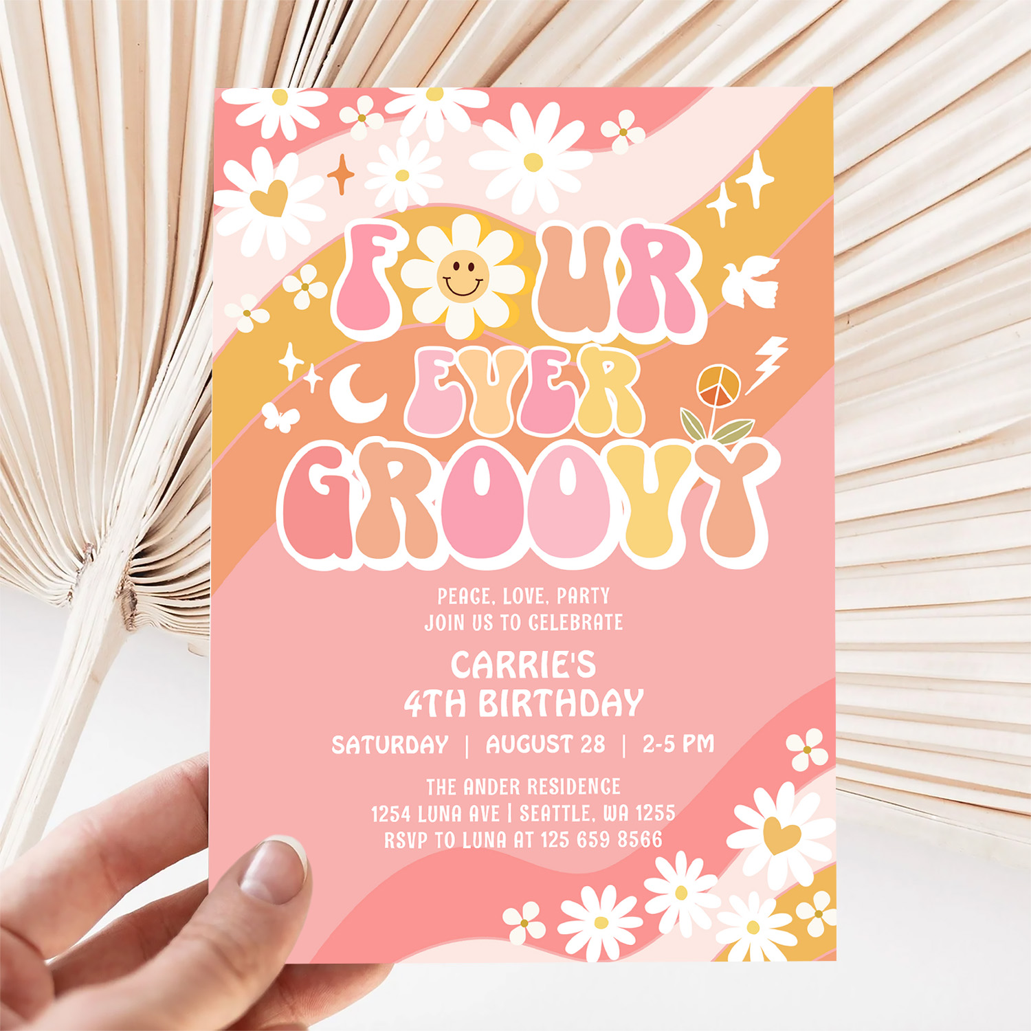 Four Ever Groovy Groovy Daisy Hippie 4th Birthday Invitation - Image 5