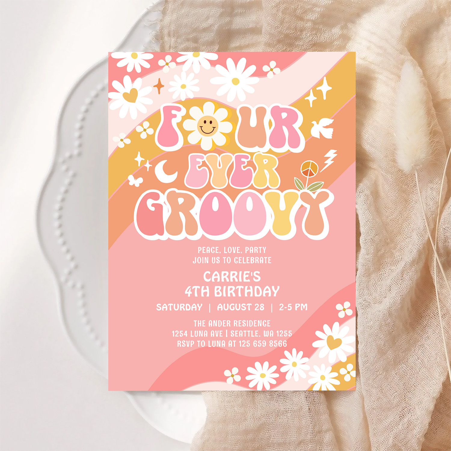 Four Ever Groovy Groovy Daisy Hippie 4th Birthday Invitation - Image 6