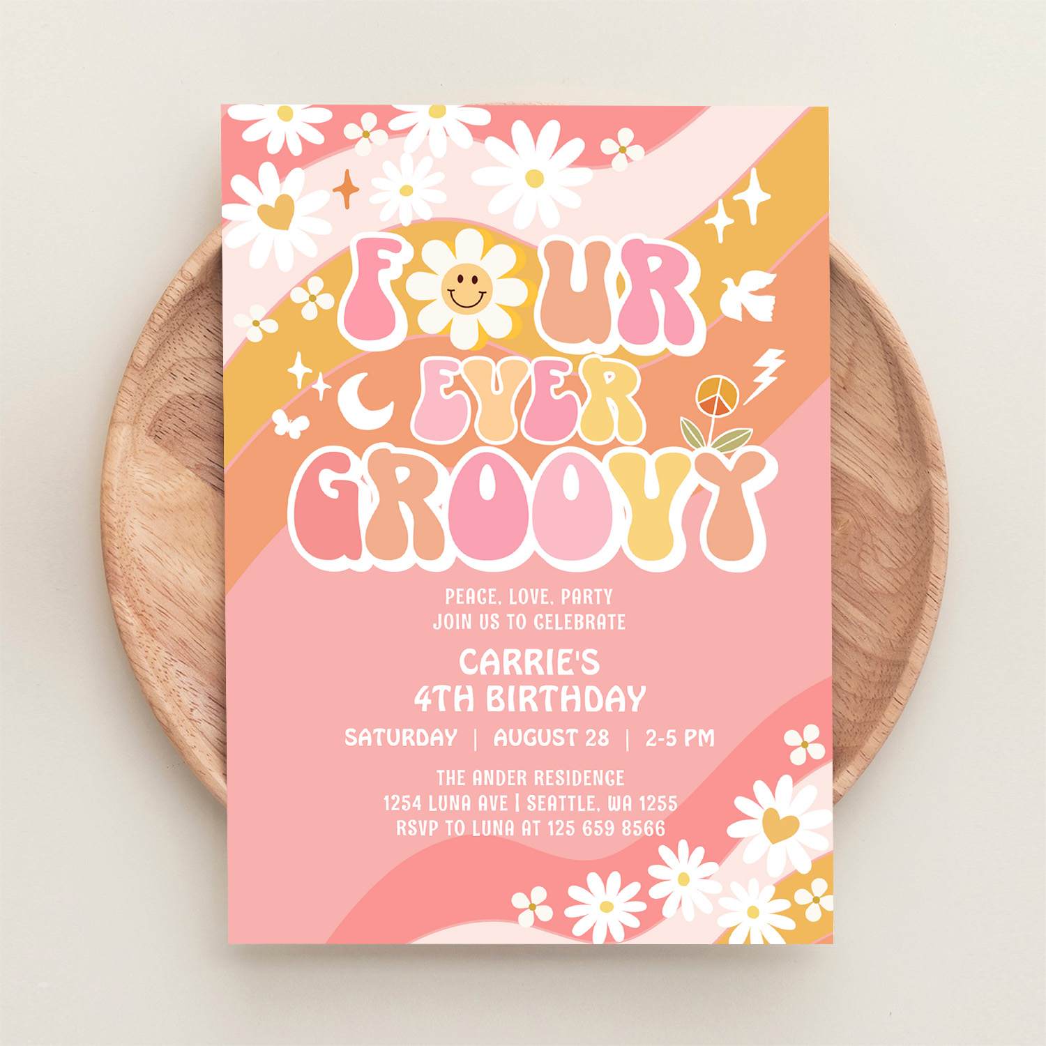 Four Ever Groovy Groovy Daisy Hippie 4th Birthday Invitation - Image 7