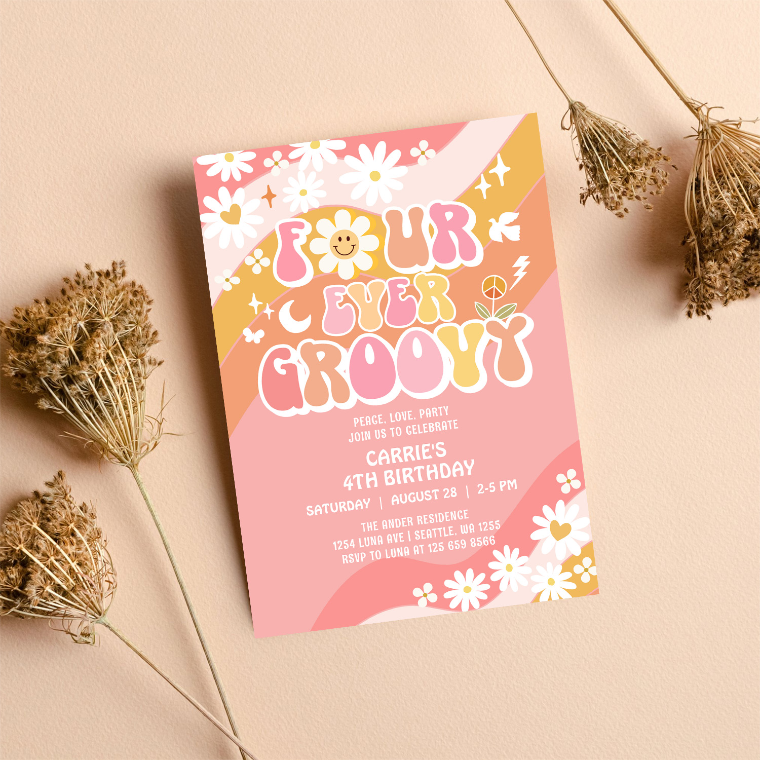 Four Ever Groovy Groovy Daisy Hippie 4th Birthday Invitation - Image 8