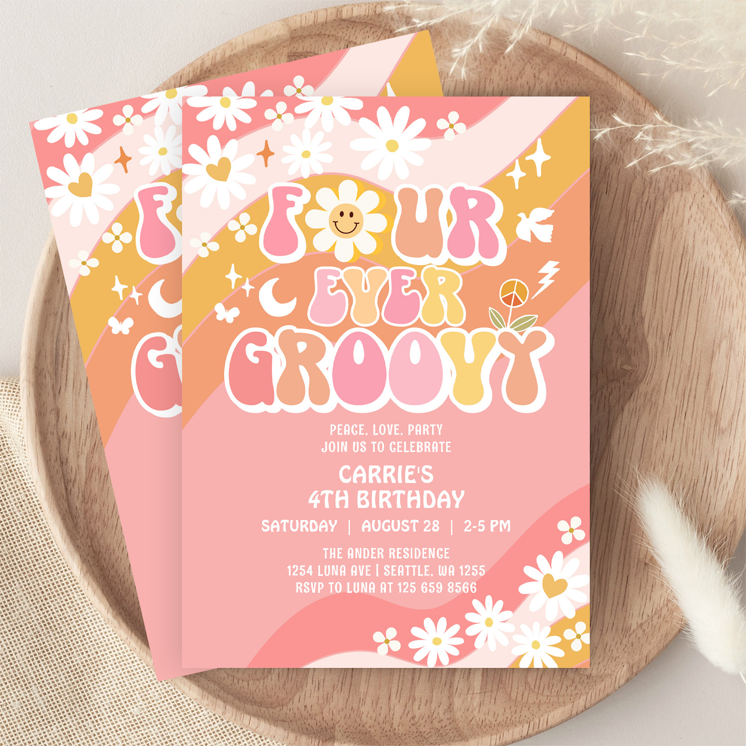 Four Ever Groovy Groovy Daisy Hippie 4th Birthday Invitation - Image 9