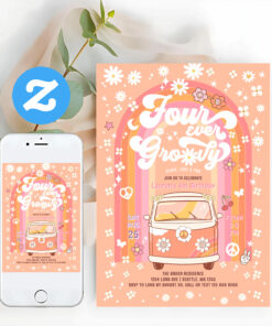 Four Ever Groovyvan Bus 4th Birthday Invitation