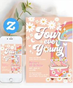 Four Ever Young Groovy Daisy Rainbow 4th Birthday Invitation