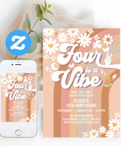 Four Is A Vibe Groovy 4th Daisy Rainbow Birthday Invitation