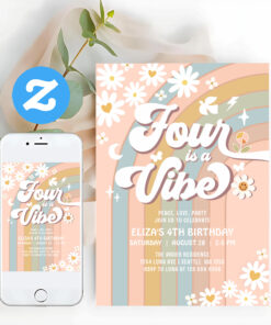 Four Is A Vibe Pastel Blue Blush 4th Birthday Invitation