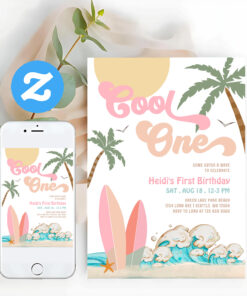 Girl Cool One Surfing 1st Birthday Beach Party Invitation